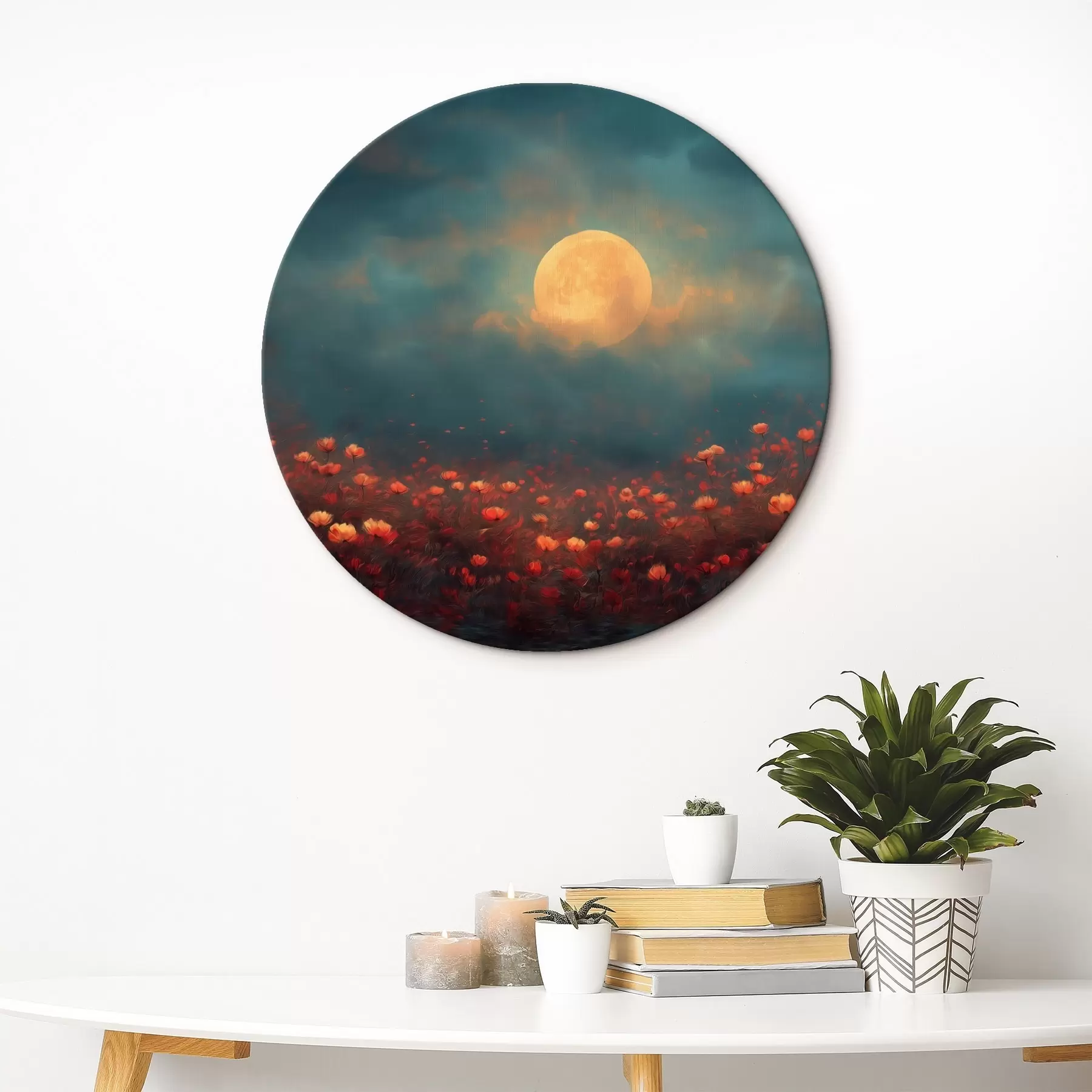 Pilt Kuu punaste lillede kohal uduses õhtutaevas r46167