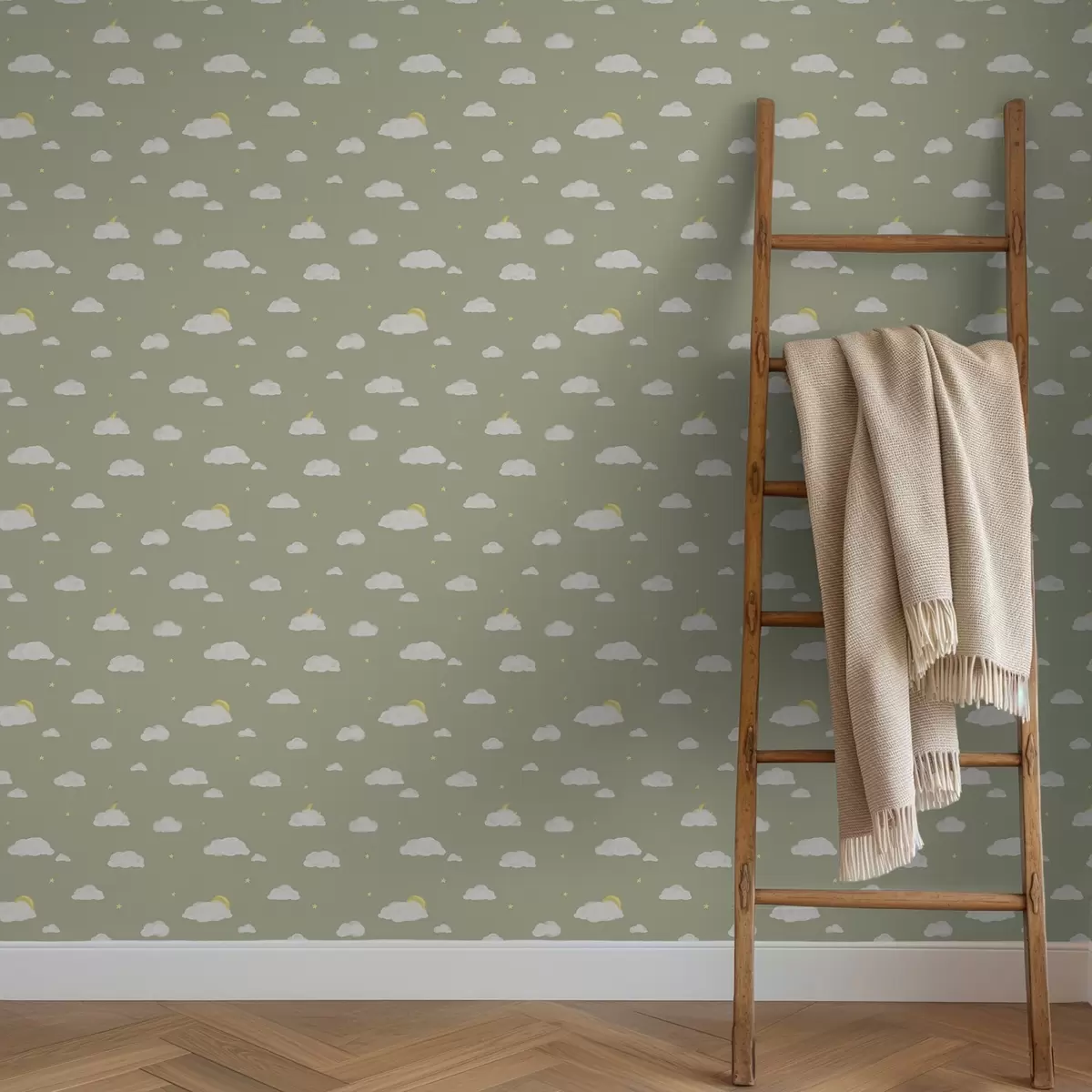 Tapeet Pehmed pilved, tähed ja päike rohekashalli taustal a00652v1