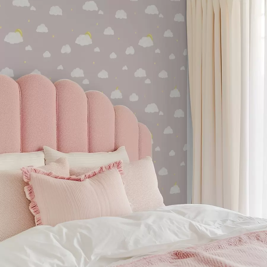 Fototapeedid Pehmed pilved, tähed ja päike roosakashallil taustal a00652v2