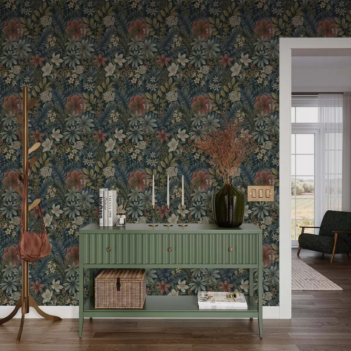 Tapeet Tume taust tihedate lillede ja lehtedega soojades toonides a00678