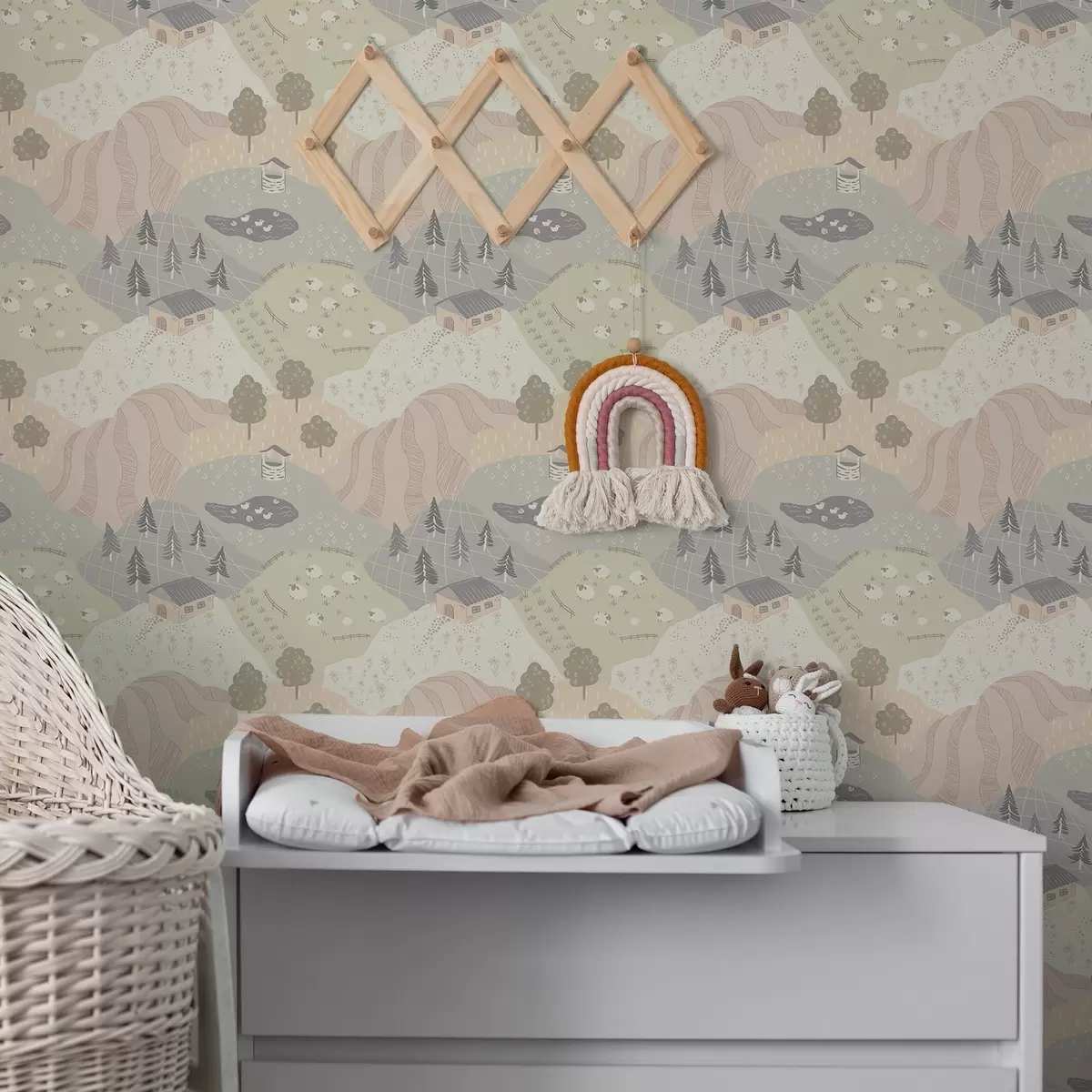 Tapeet Muinasjutuline maastik puude, hanede ja lammastega a00728