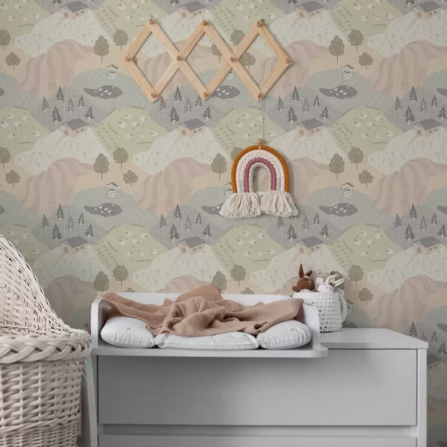 Fototapeedid Muinasjutuline maastik puude, hanede ja lammastega a00728