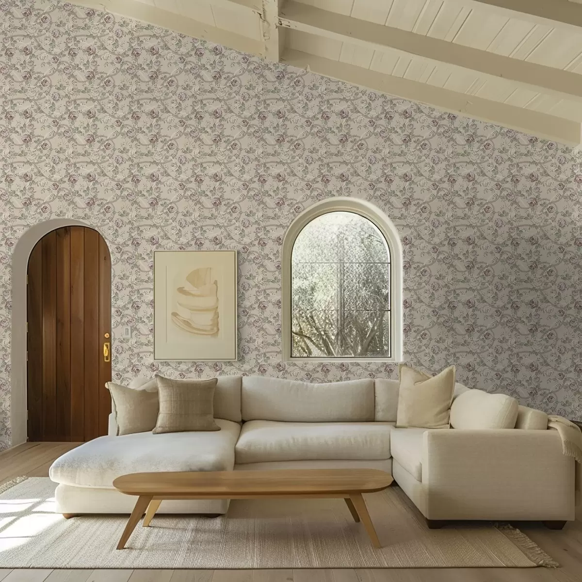 Tapeet Roosid roheliste lehtedega soojal beežil taustal a00729