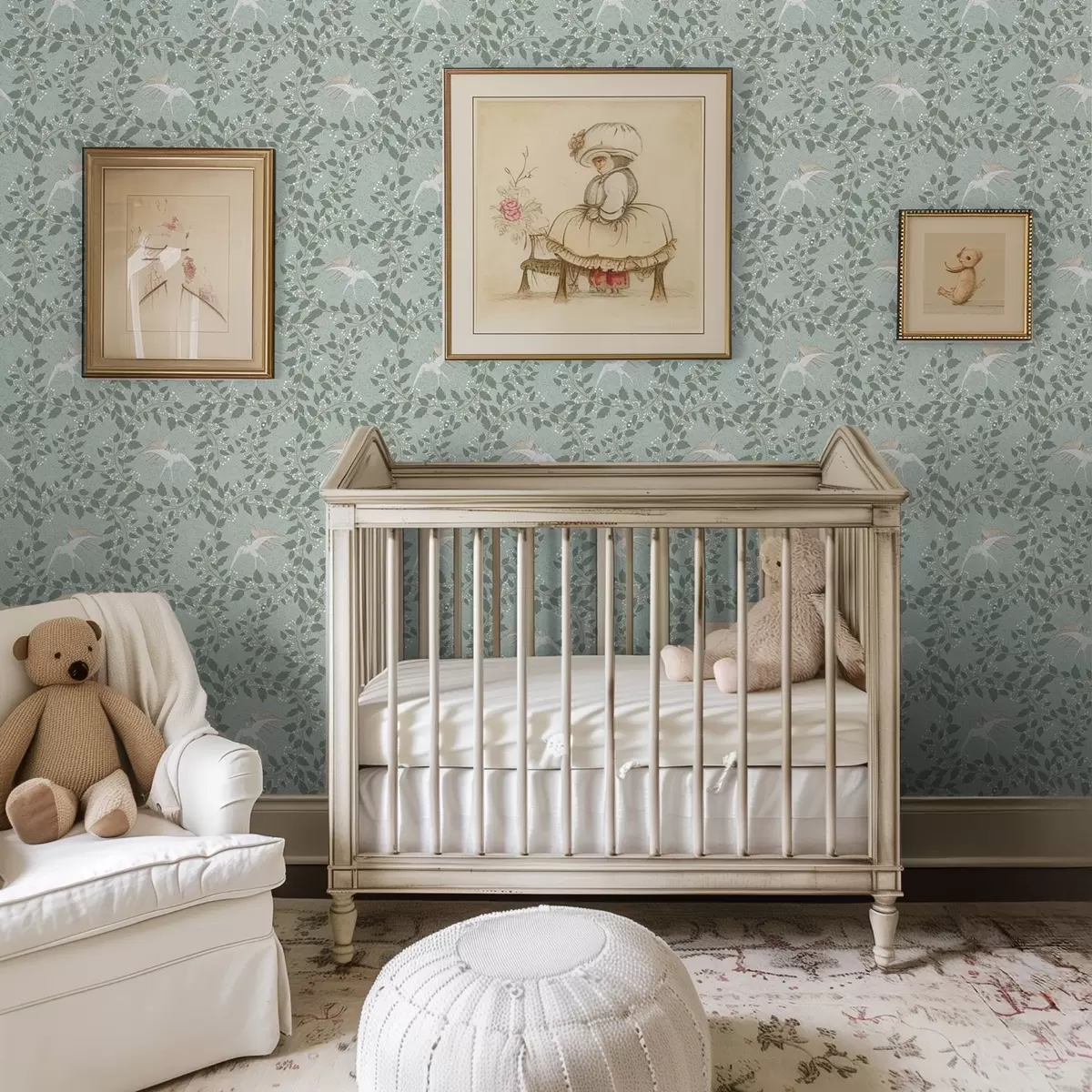 Tapeet Oksad valge marjade ja lindudega rohelisel taustal a00731