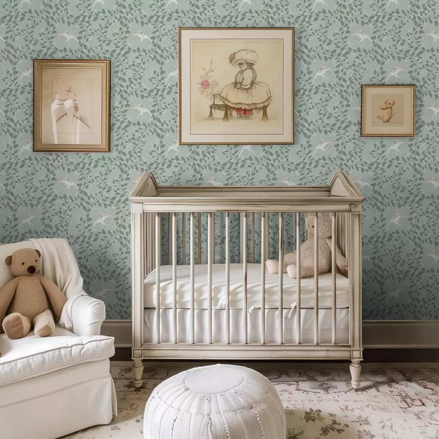 Fototapeedid Oksad valge marjade ja lindudega rohelisel taustal a00731