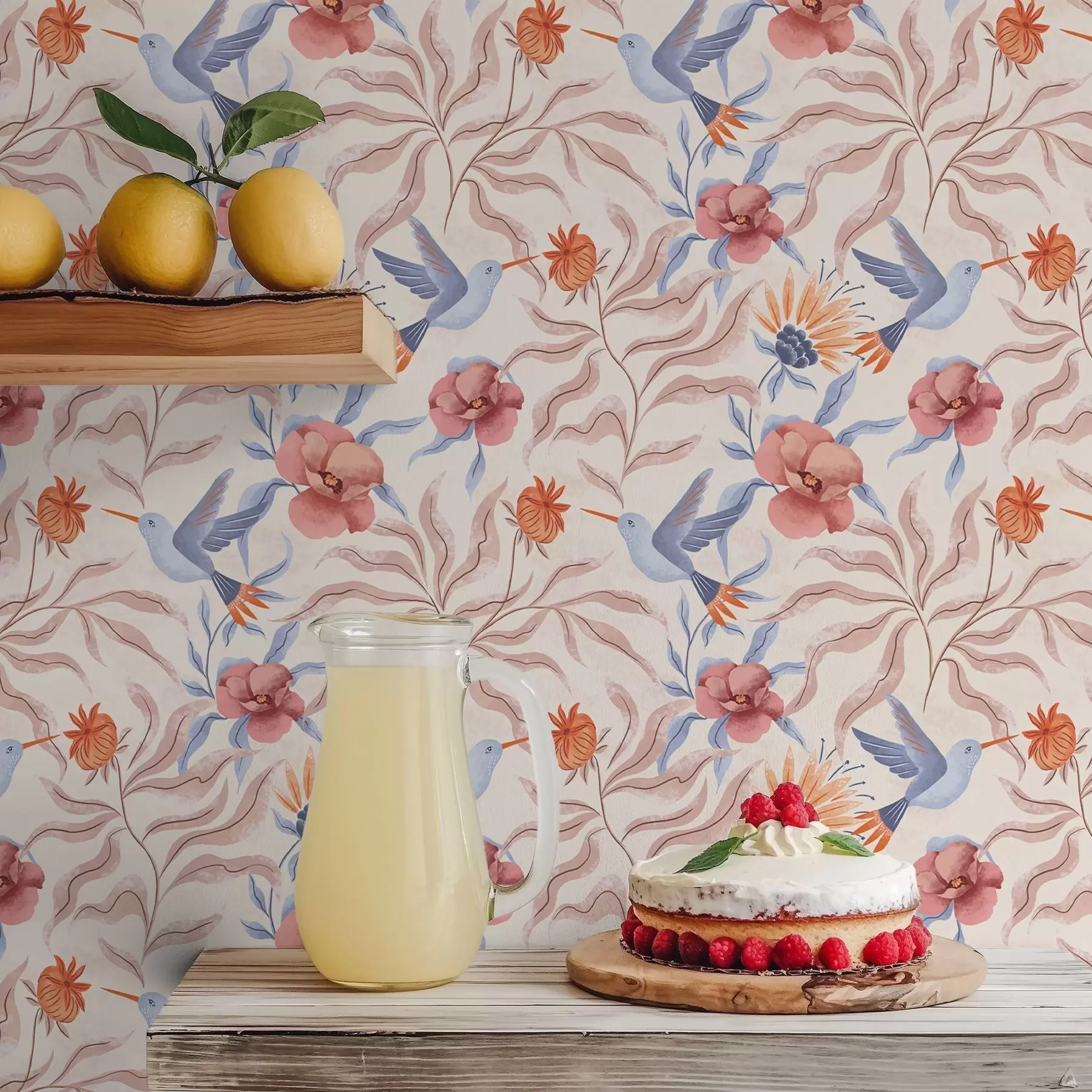 Fototapeedid Kolibrid roosa ja sinise tooniga suurte lillede seas a00733