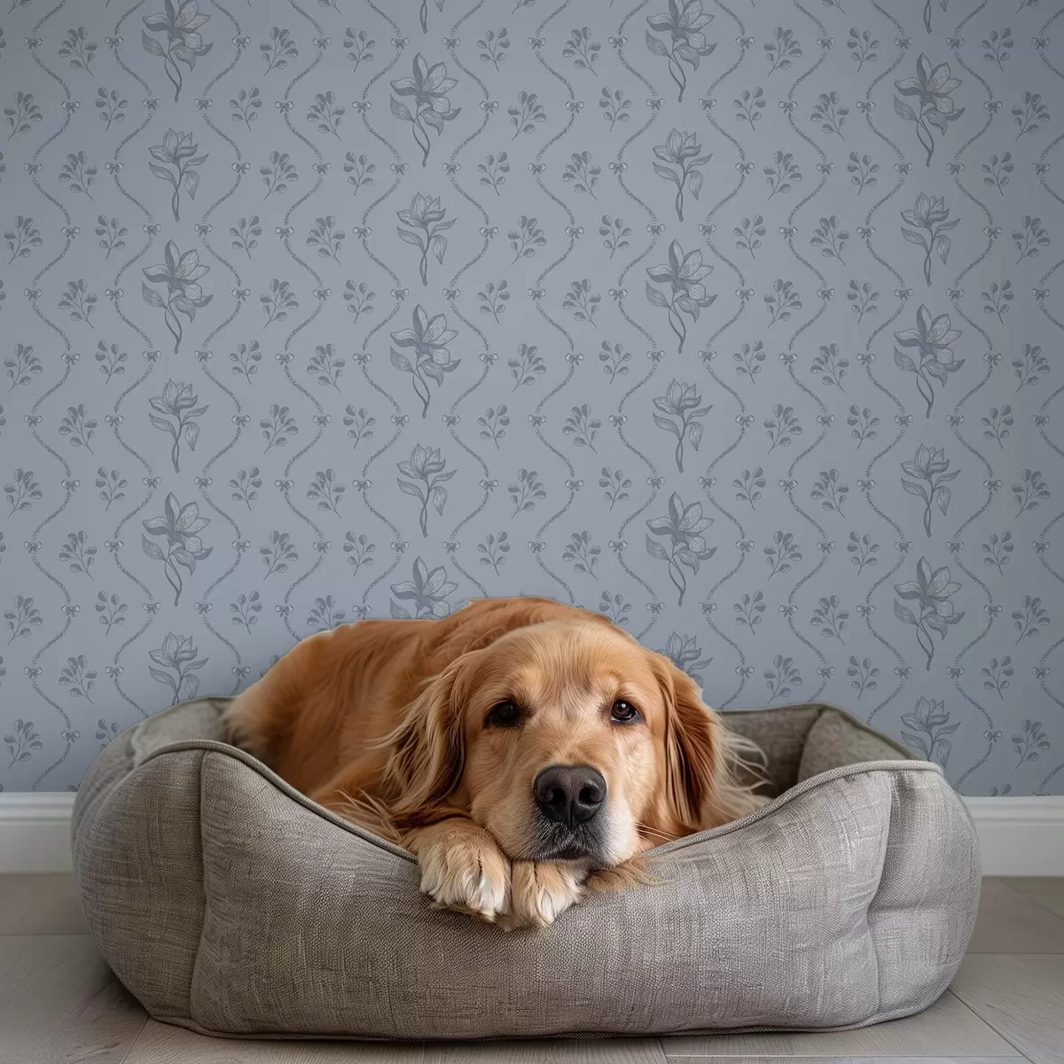 Tapeet Väikesed lilled ja lindid hallikassinises värvipalettis a00808v2