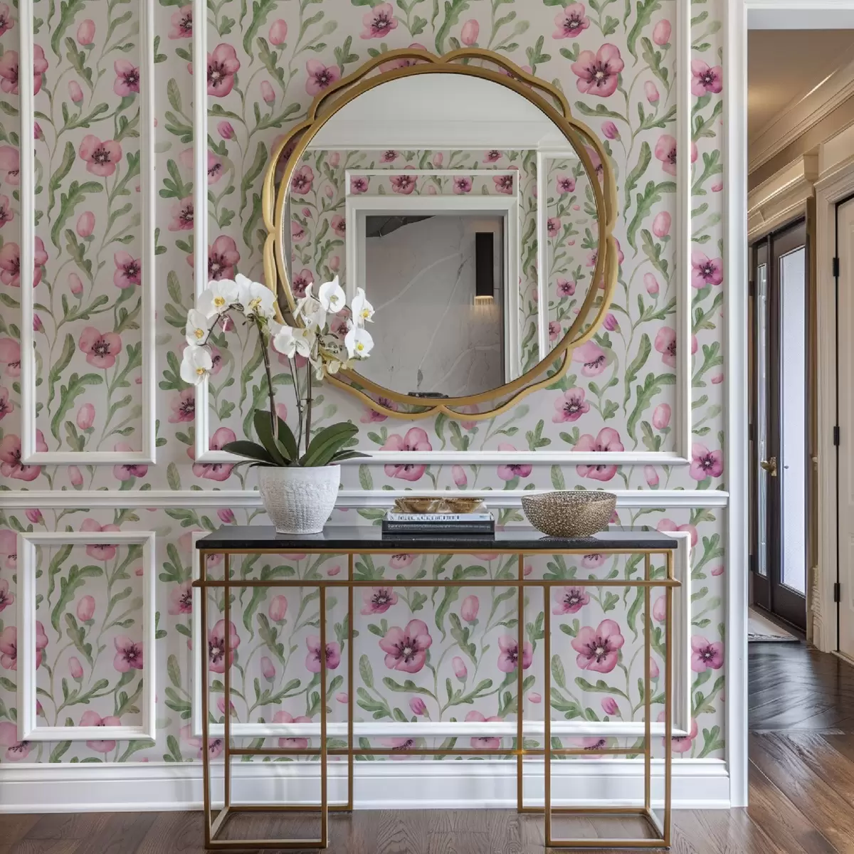 Tapeet Õrnad roosad moonid lehtedega akvarellitehnikas a00830