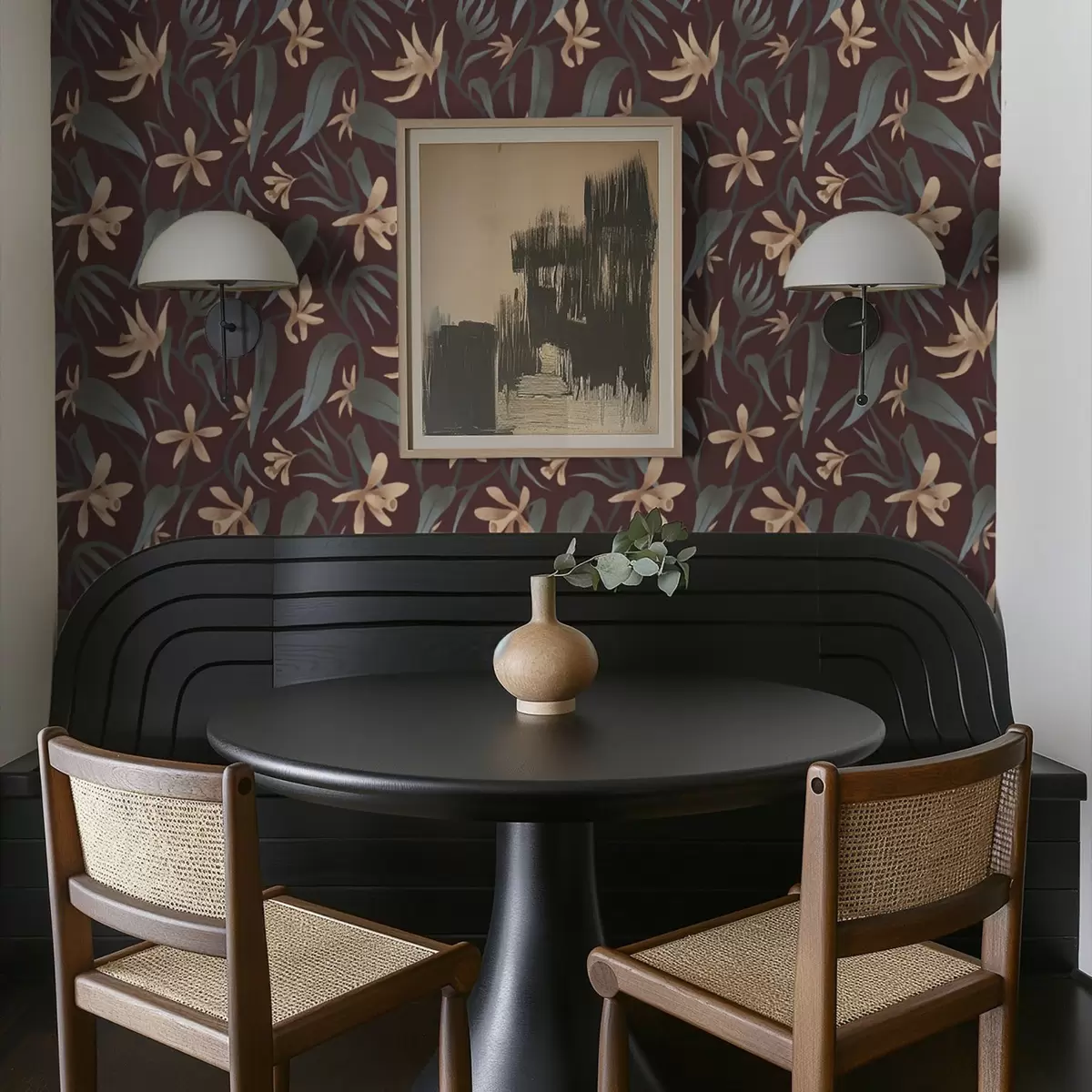 Tapeet Kreemikad lilled hallide lehtedega burgundia taustal a00833