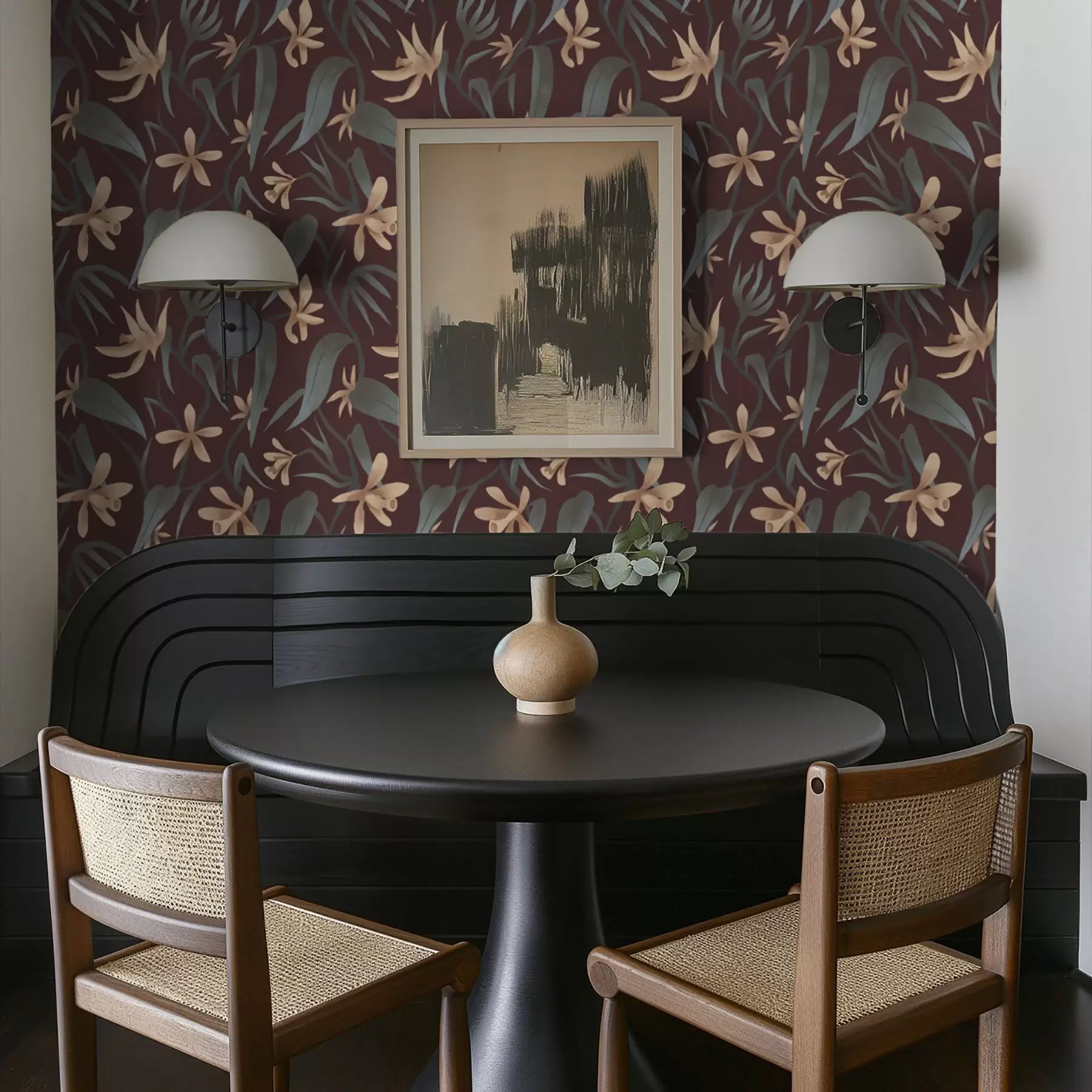 Fototapeedid Kreemikad lilled hallide lehtedega burgundia taustal a00833