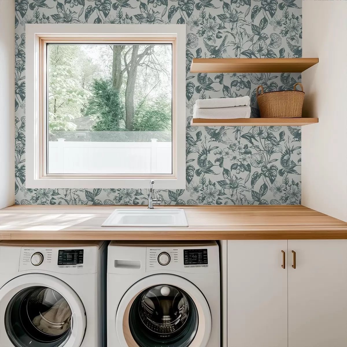 Tapeet Ühevärviline lilleornament lindudega a00737