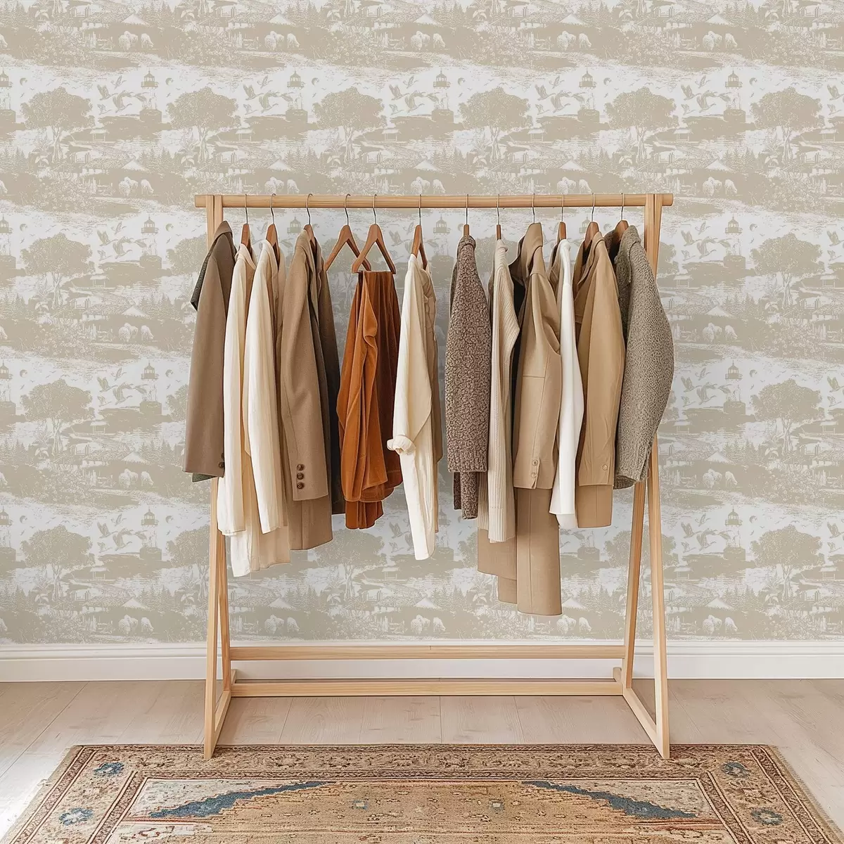 Tapeet Stseen majakaga, puude ja majadega sienna värvitoonis a00739