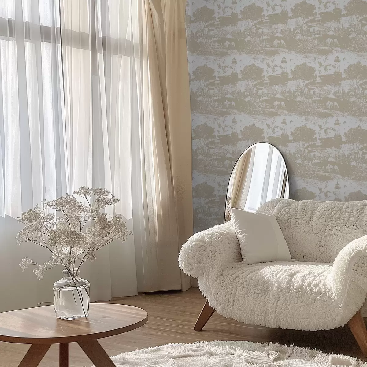 Tapeet Stseen majakaga, puude ja majadega sienna värvitoonis a00739