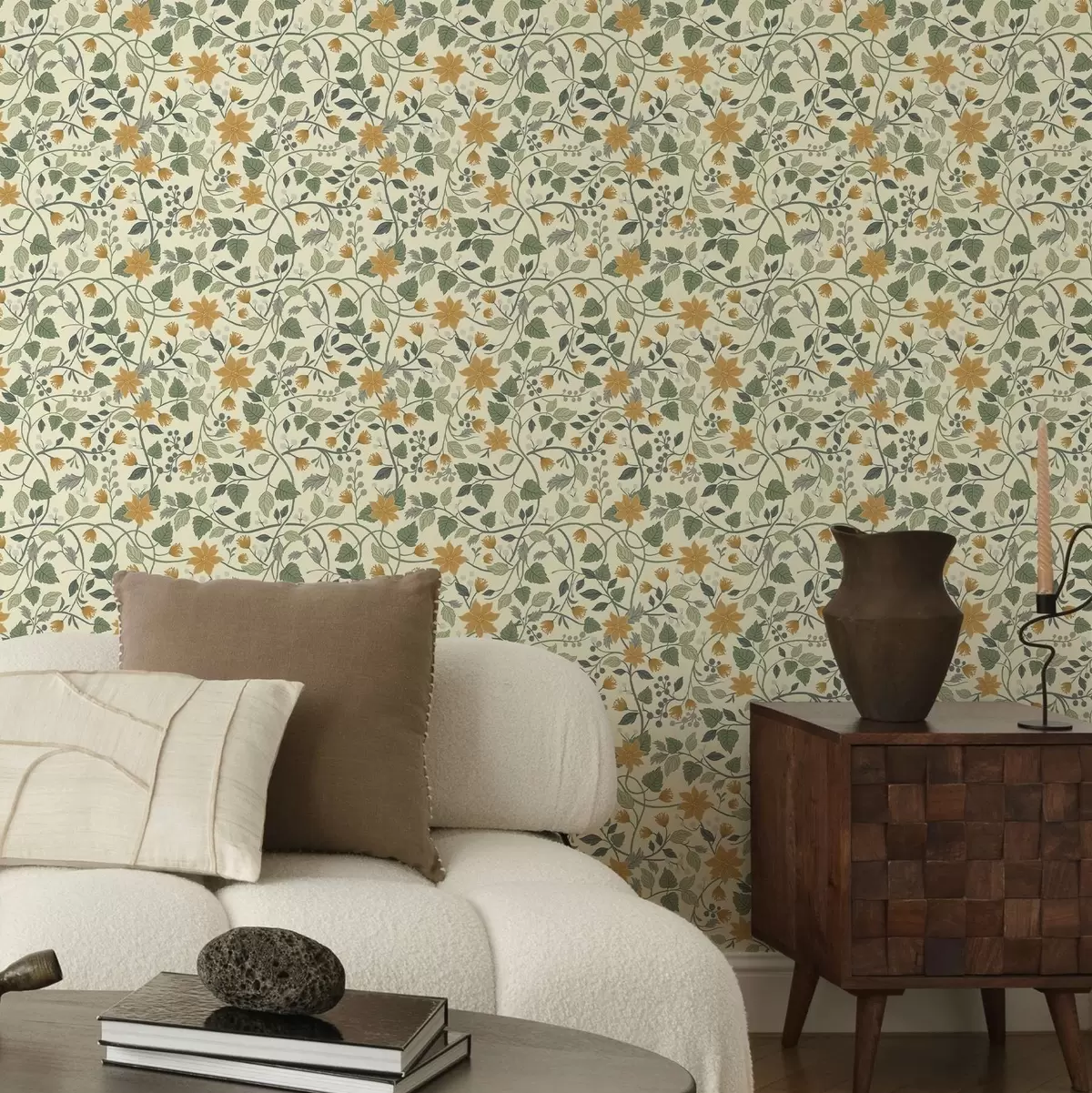 Tapeet Kõrguvad lillelised oksad kollaste õite ja marjadega a00750