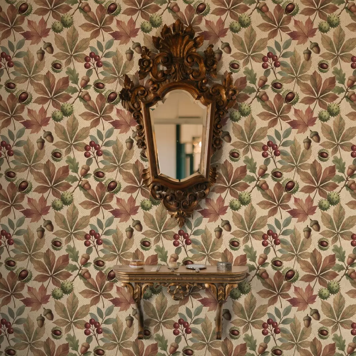 Tapeet Sügislehed, tammetõrud ja marjad beežil taustal a00754