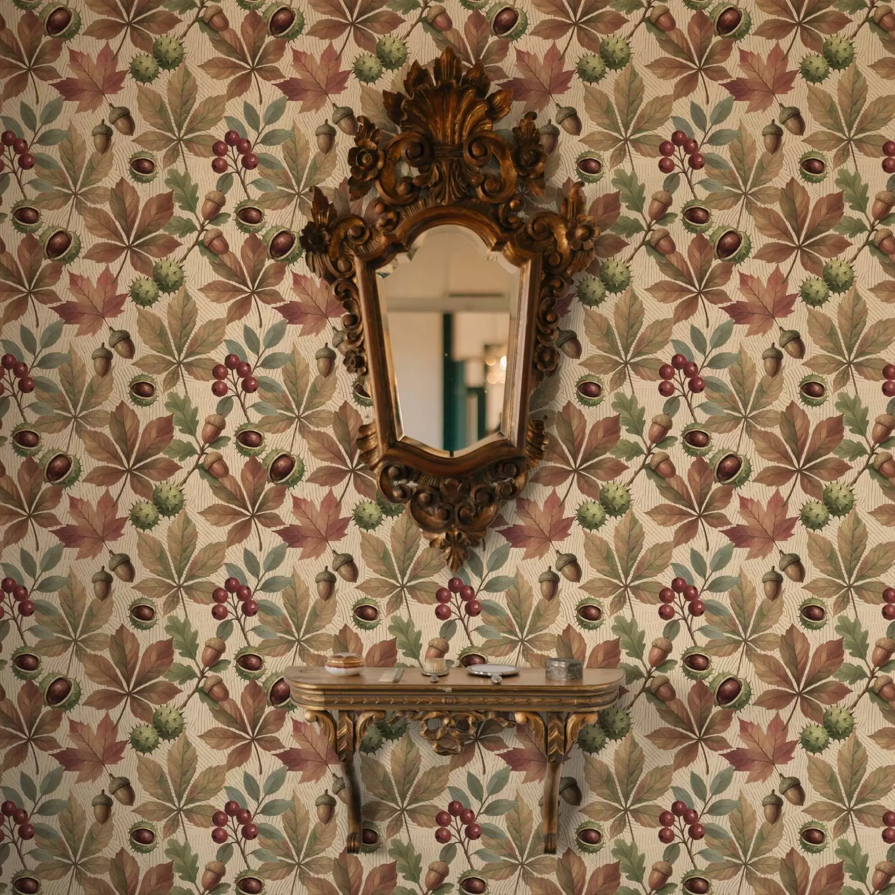 Fototapeedid Sügislehed, tammetõrud ja marjad beežil taustal a00754