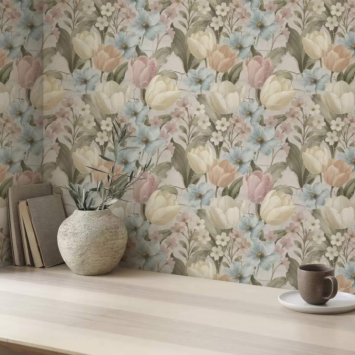 Tapeet Pastelltoonides tulbid ja lilled heledal pragunenud taustal a00756
