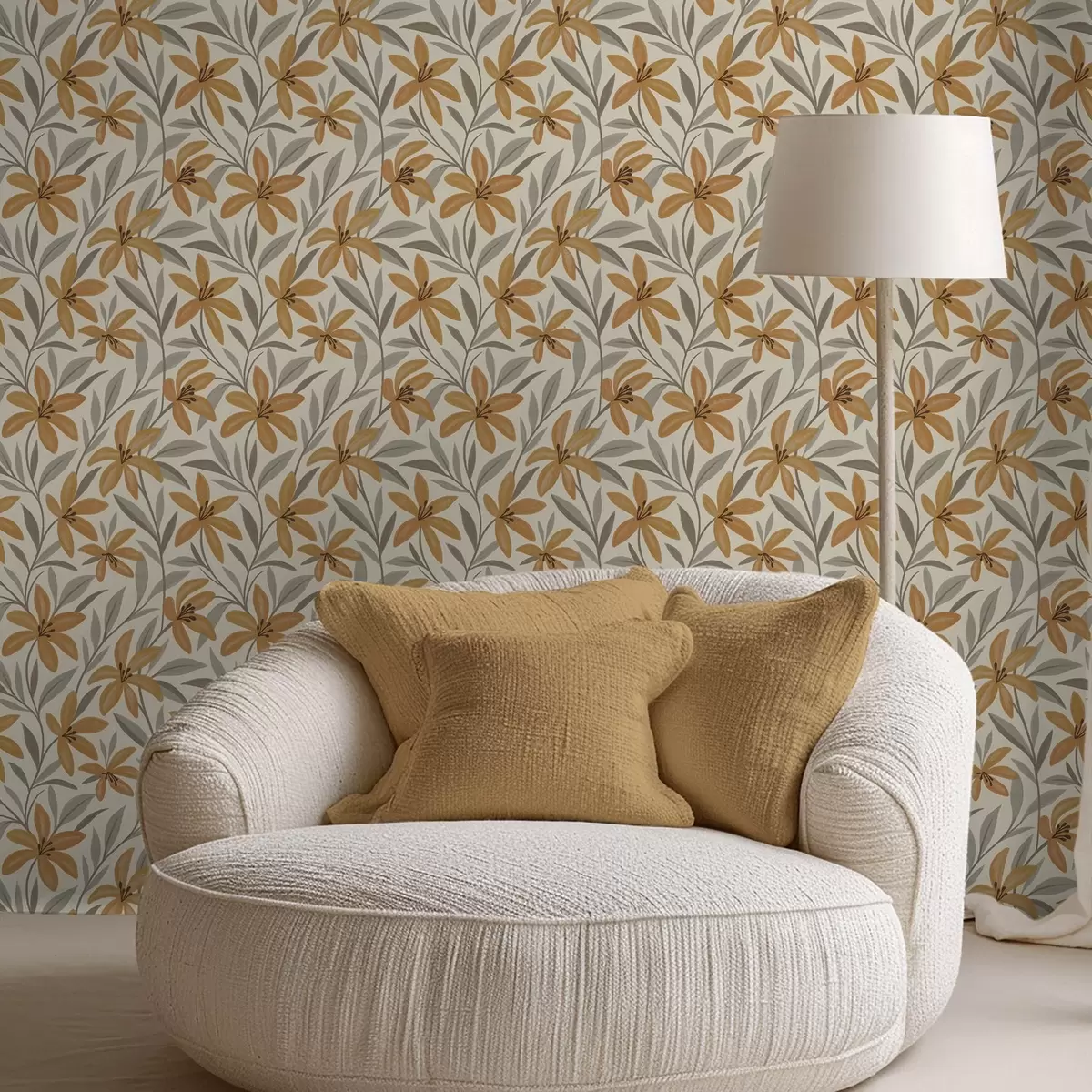 Tapeet Kollased liiliad ja hallikaspruunid lehed heledal taustal a00757