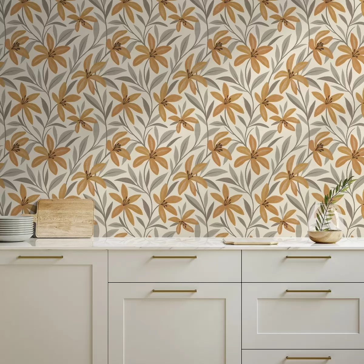 Tapeet Kollased liiliad ja hallikaspruunid lehed heledal taustal a00757