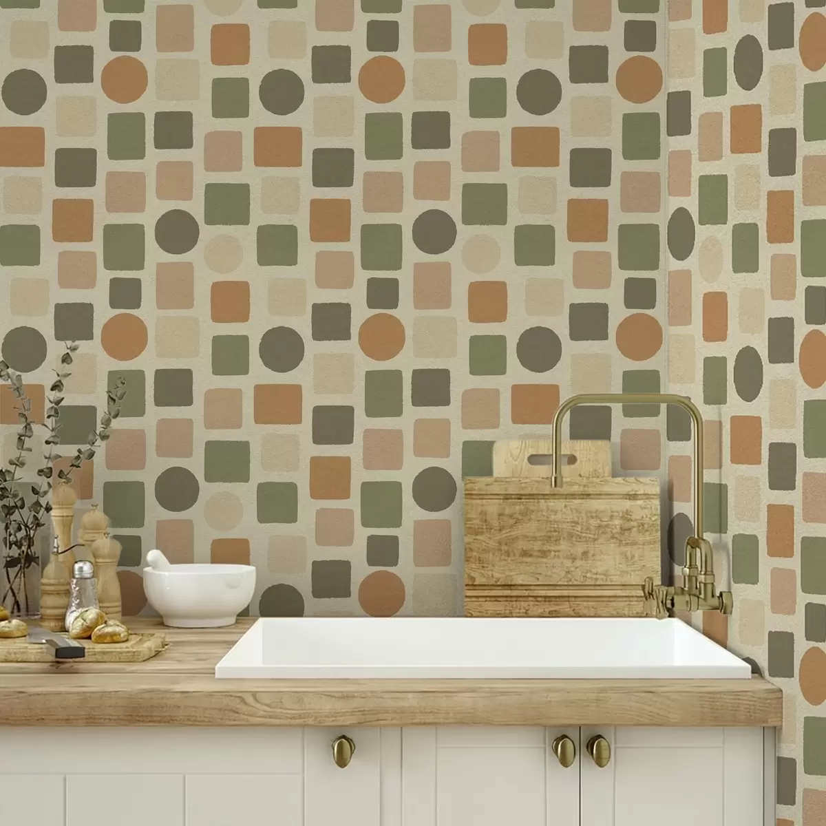 Tapeet Soojades toonides ruutude ja ringide geomeetriline muster a00759