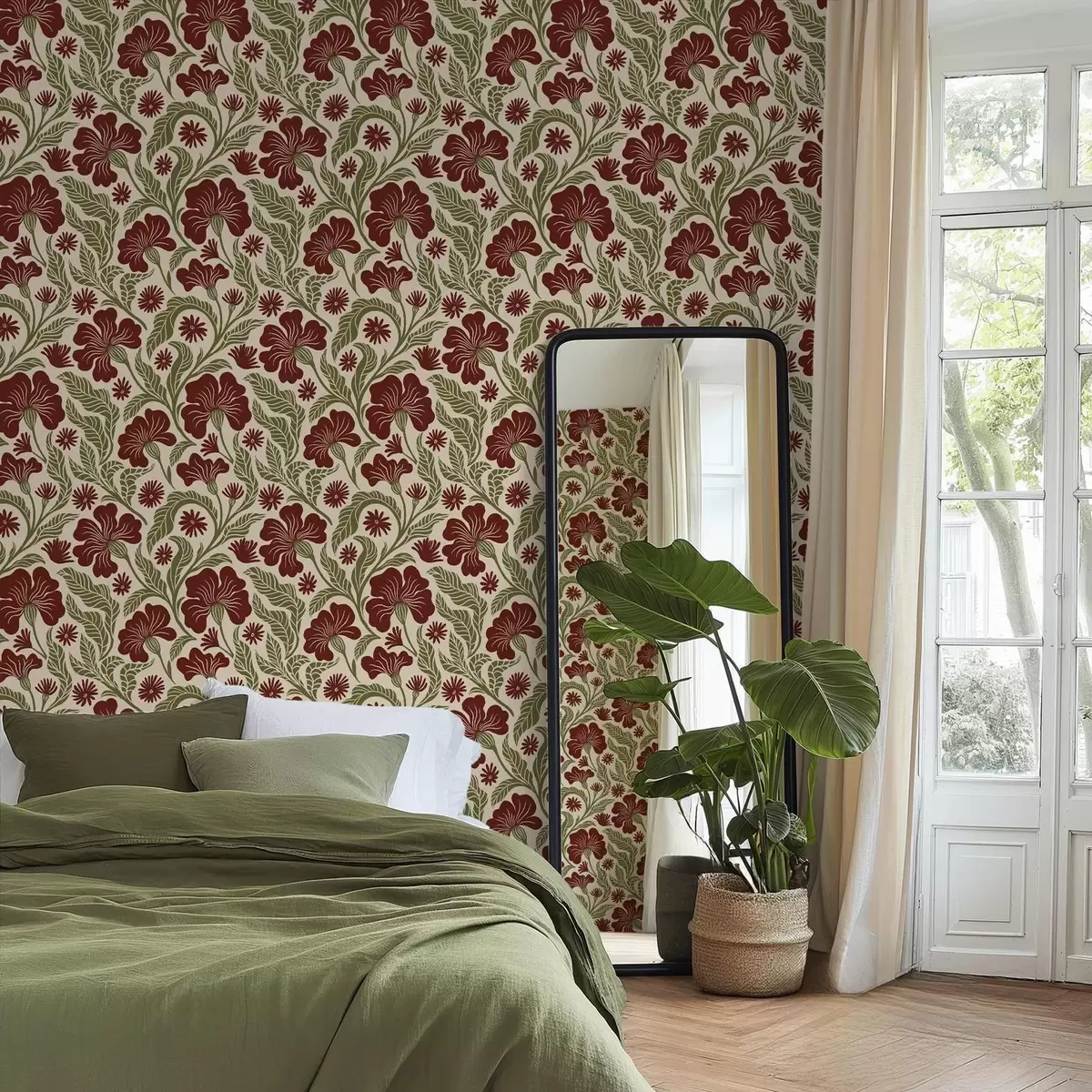 Tapeet Burgundia lilled roheliste lehtedega heledal taustal a00761