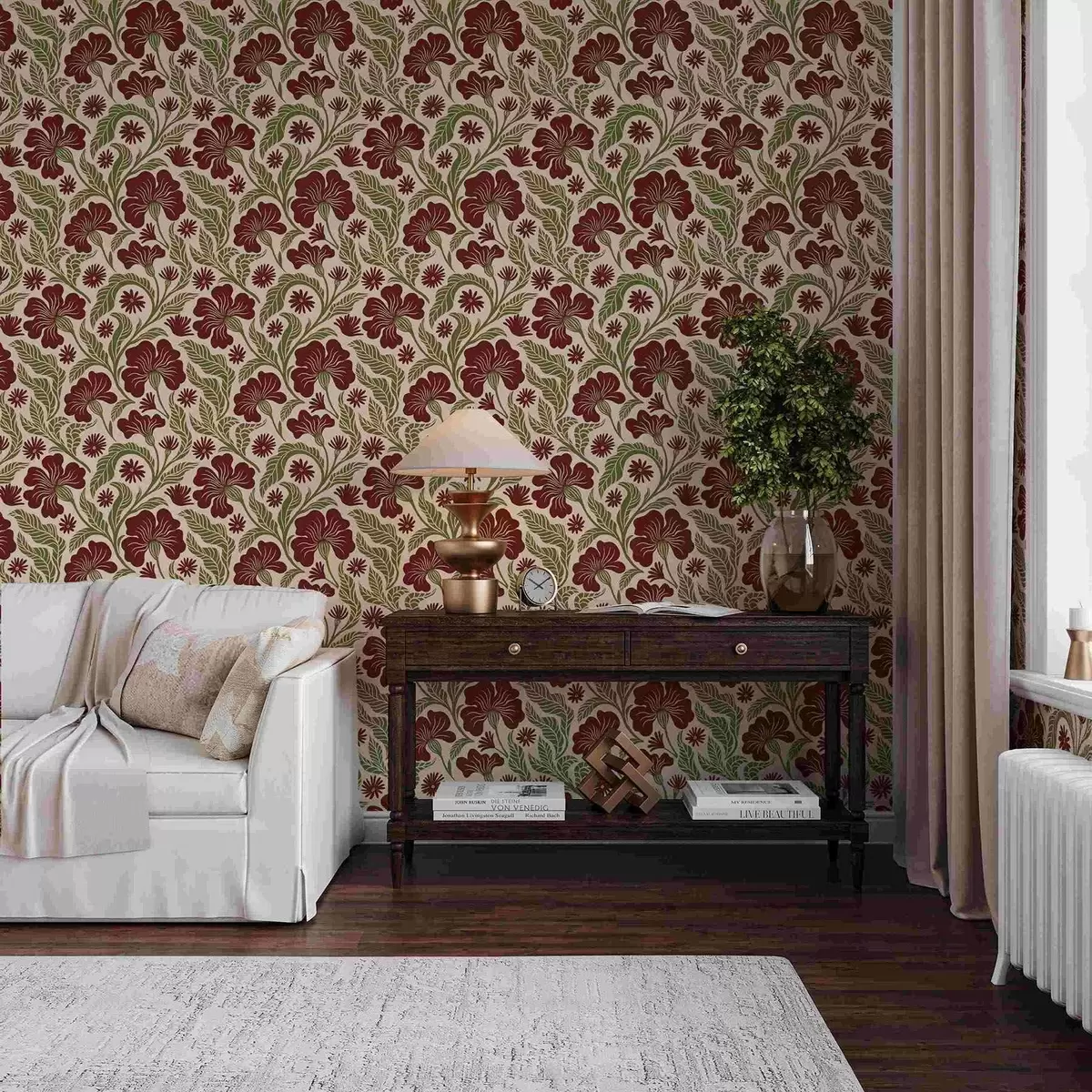 Tapeet Burgundia lilled roheliste lehtedega heledal taustal a00761