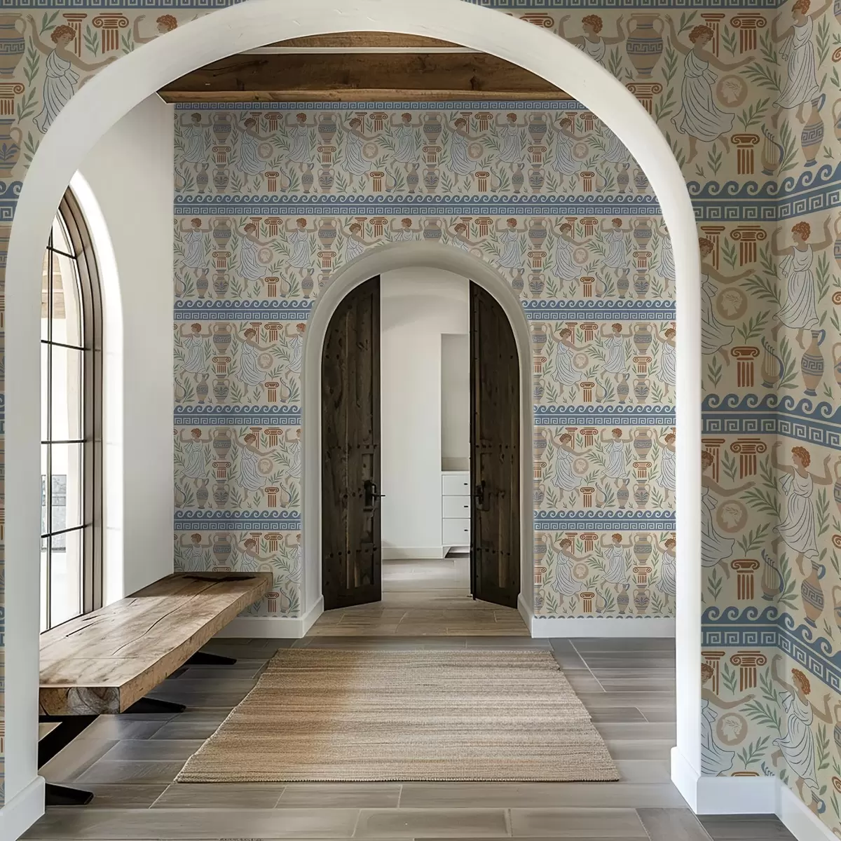 Tapeet Vana-Kreeka ornament figuuride, vaaside ja sammastitega a00768