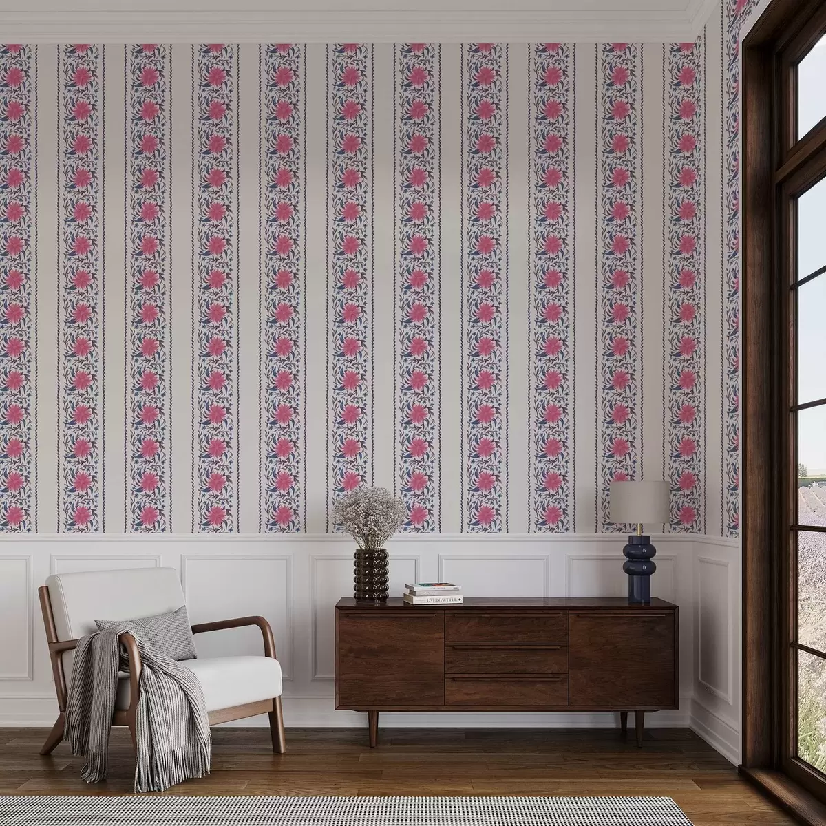 Tapeet Vertikaalsed lillelised triibud roosa-lilla toonides a00810