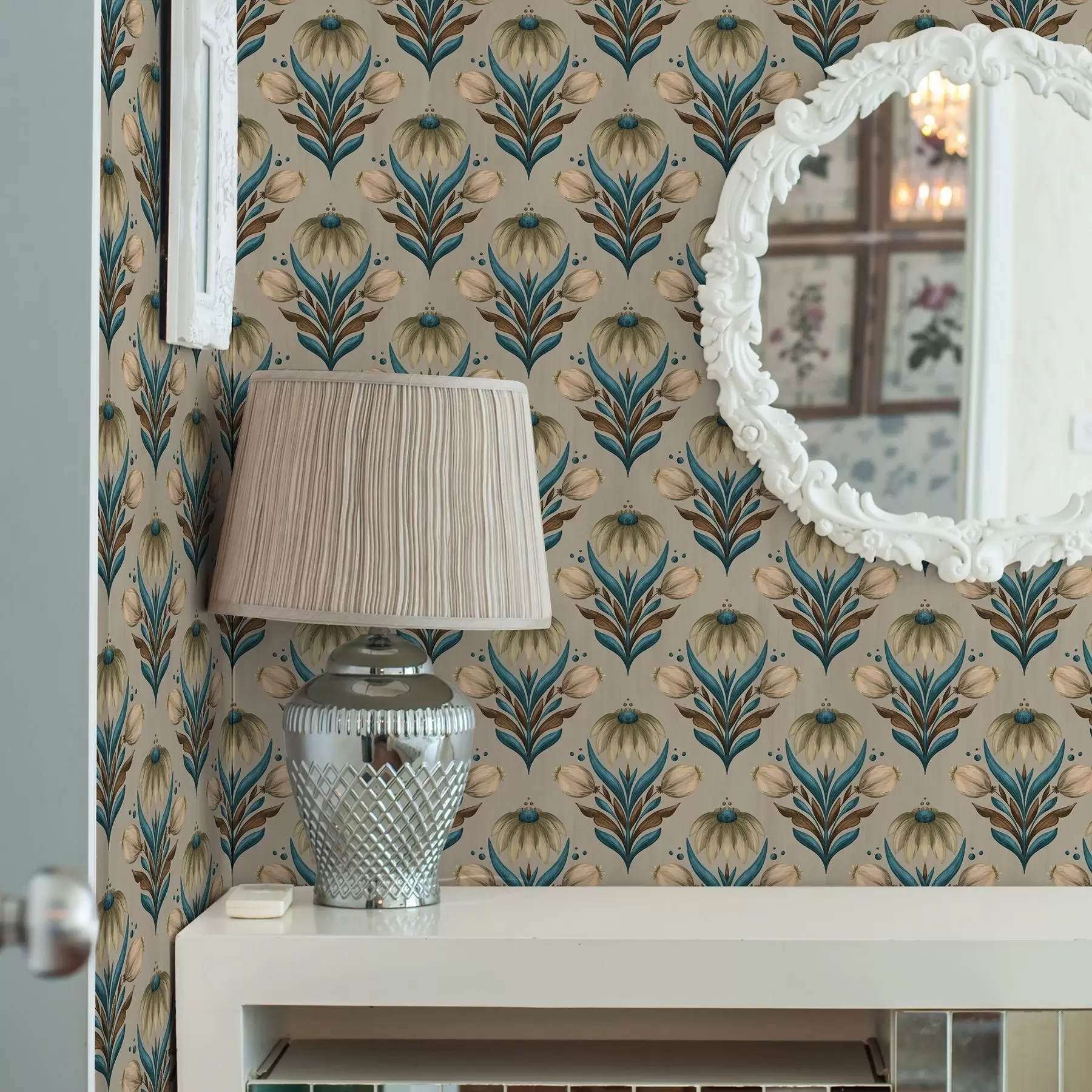 Fototapeedid Sümmeetriline lilleornament soojades toonides a00812