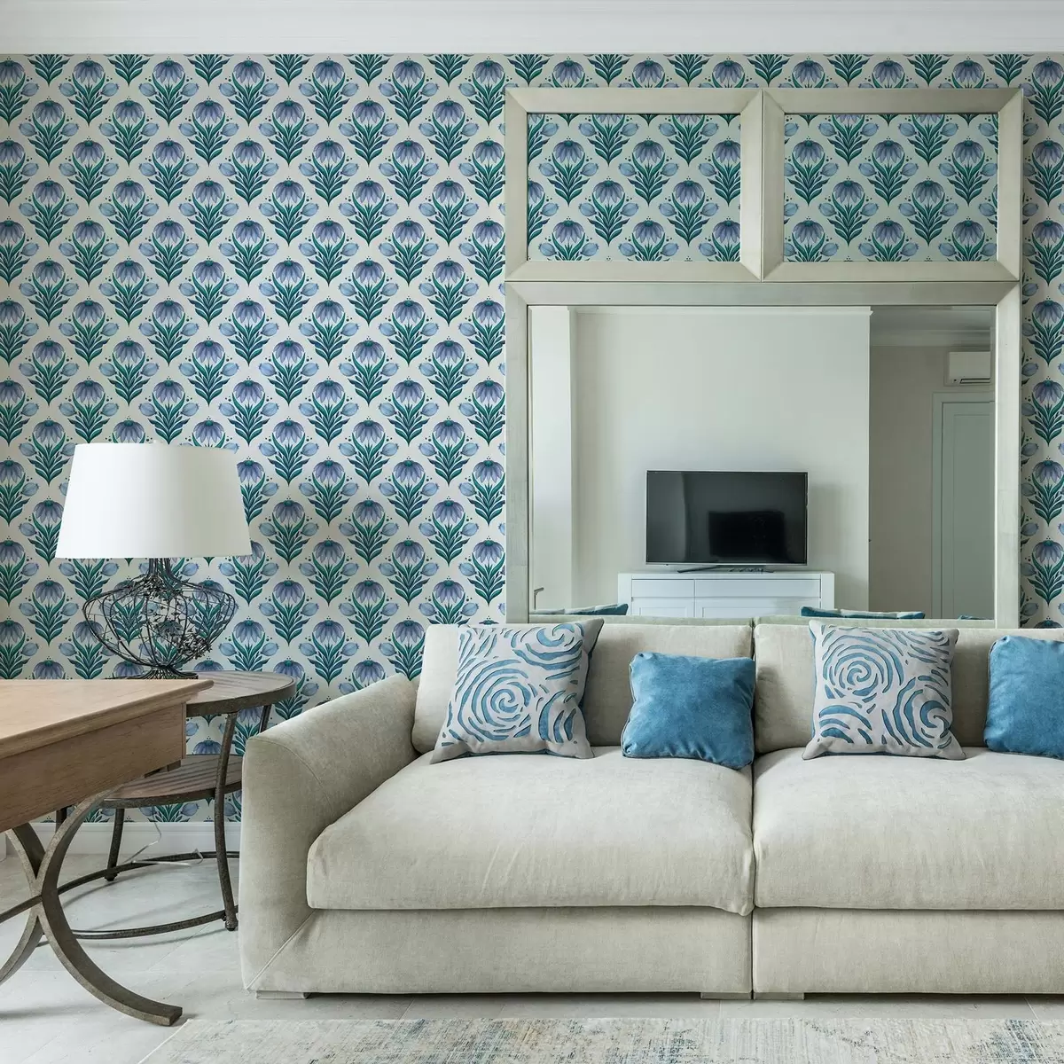 Tapeet Sümmeetriline lilleornament sinivalgetes toonides a00812v2