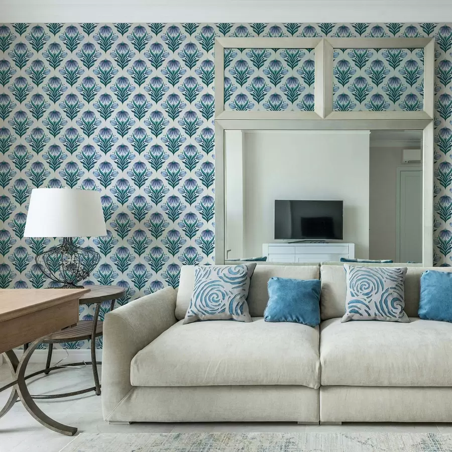 Fototapeedid Sümmeetriline lilleornament sinivalgetes toonides a00812v2