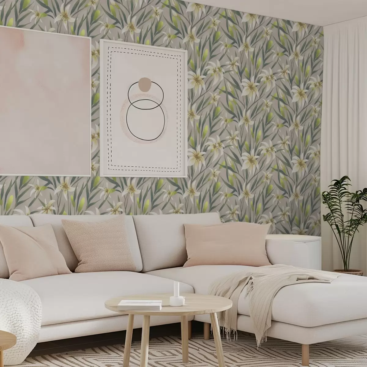 Tapeet Kreemikad liiliad lehtedega hallikaspruuni taustal a00837