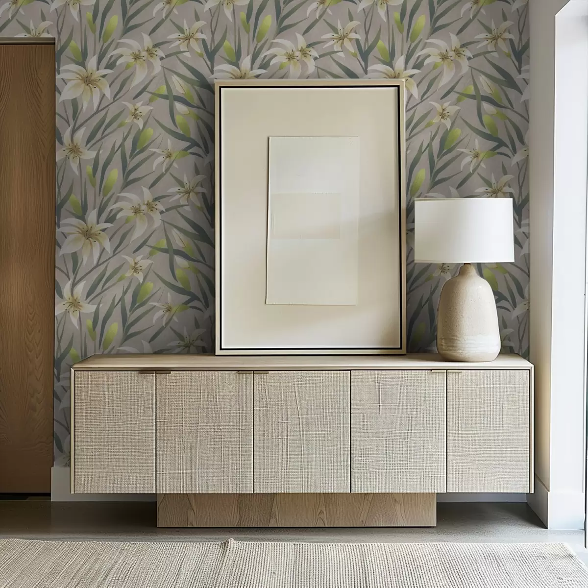 Tapeet Kreemikad liiliad lehtedega hallikaspruuni taustal a00837