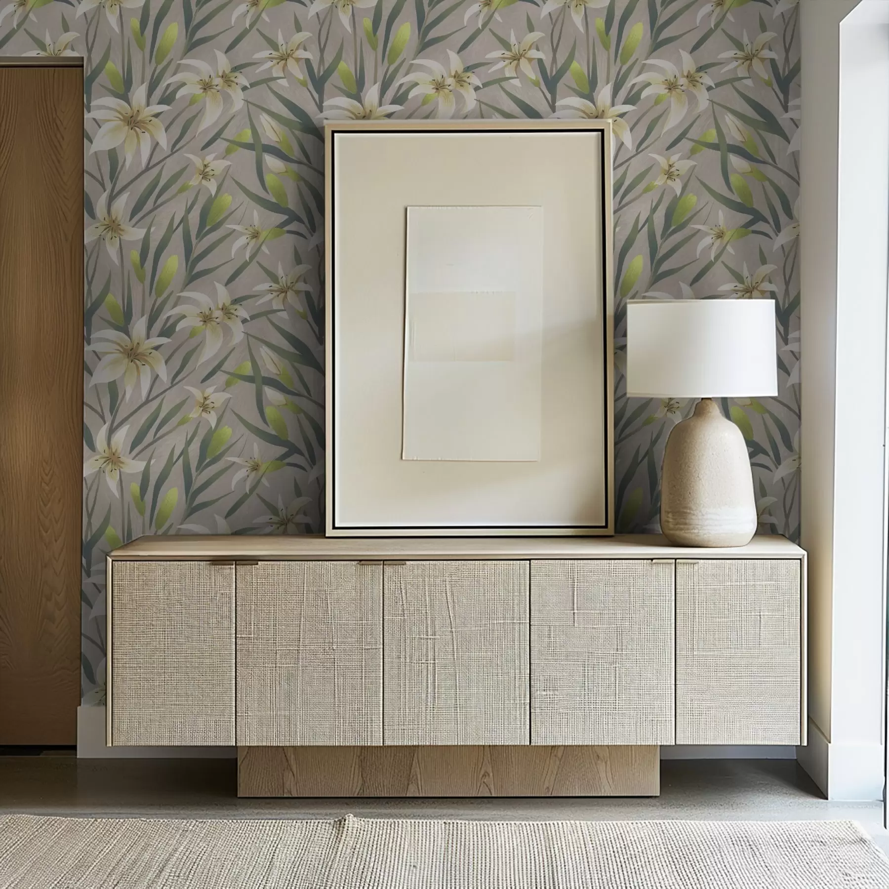 Fototapeedid Kreemikad liiliad lehtedega hallikaspruuni taustal a00837