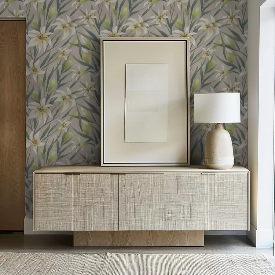 Fototapeedid Kreemikad liiliad lehtedega hallikaspruuni taustal a00837