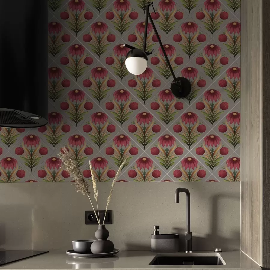 Fototapeedid Sümmeetriline lilleornament hallil taustal diagonaalidega a00869