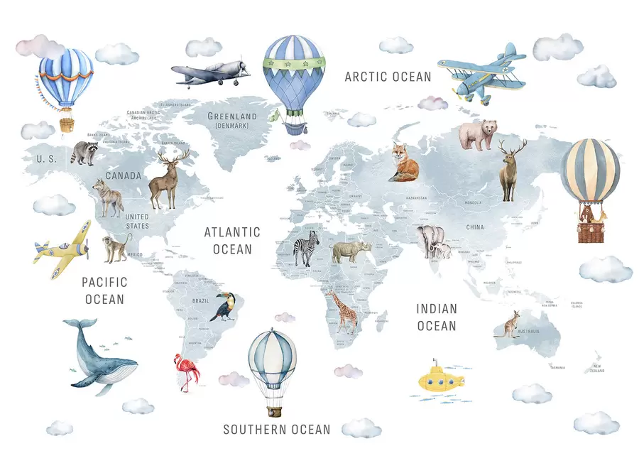 Fototapeedid Laste jaoks mõeldud akvarellstiilis kaart loomade ja kuumaõhupallidega. Inglise keeles. Sinine värv. c00001env1