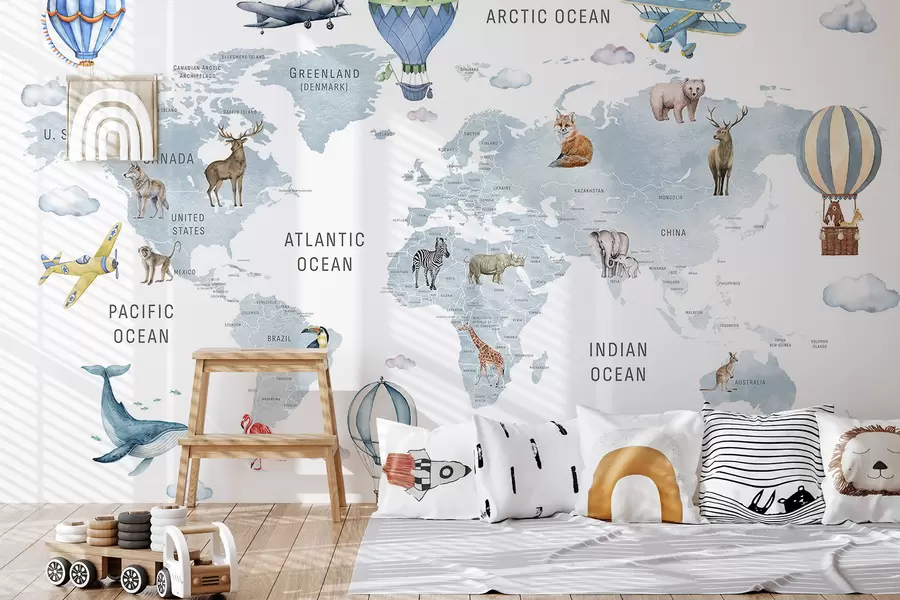 Fototapeedid Laste kaart akvarellstiilis loomade ja kuumaõhupallidega. Inglise keeles. Sinine värv c00001env1