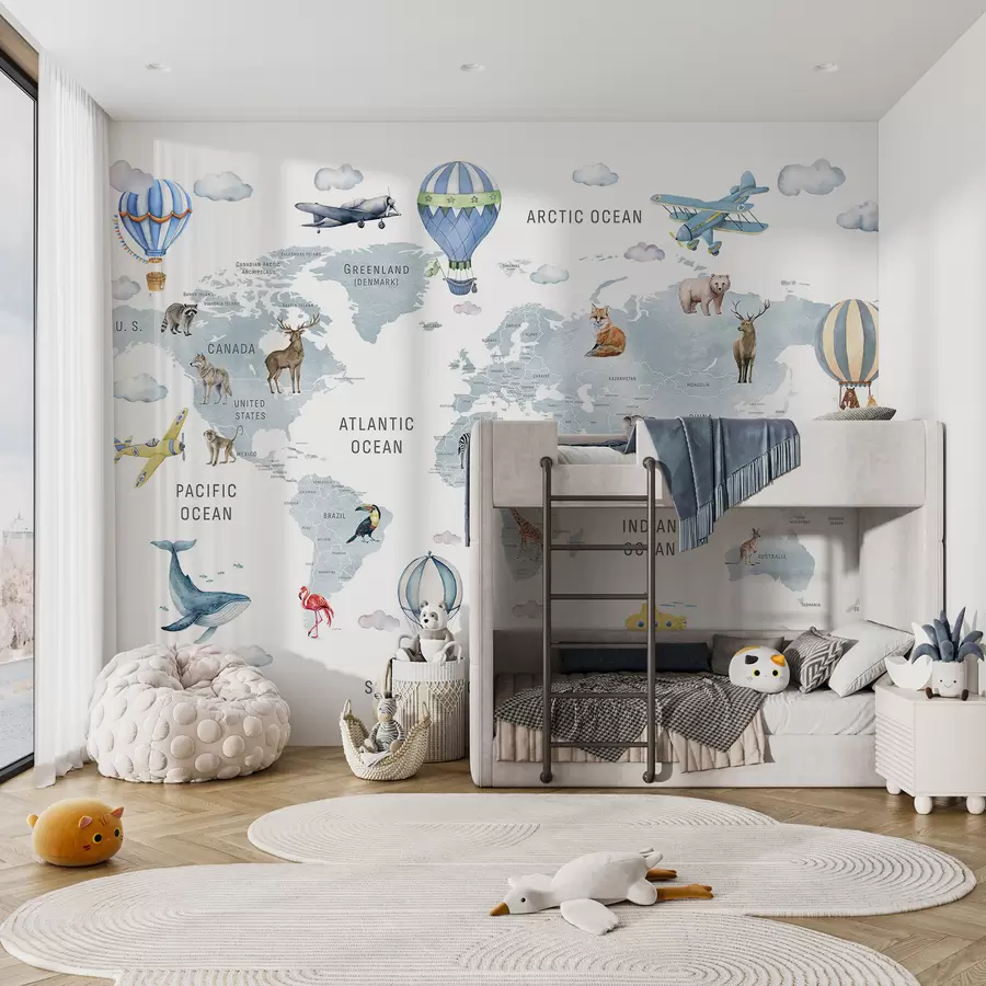 Fototapeedid Laste jaoks mõeldud akvarellstiilis kaart loomade ja kuumaõhupallidega. Inglise keeles. Sinine värv. c00001env1