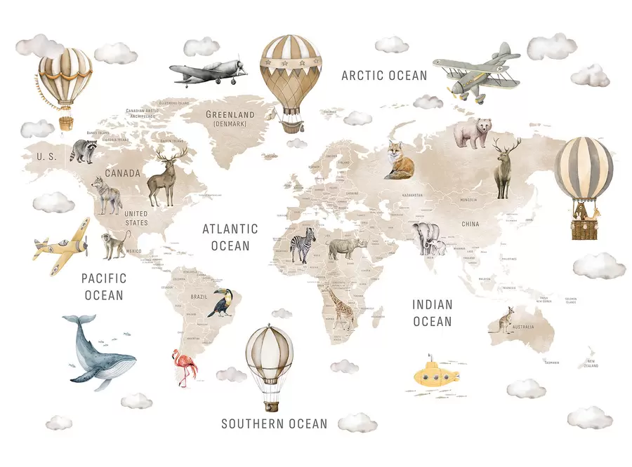 Fototapeedid Laste kaart akvarellstiilis loomade ja kuumaõhupallidega. Inglise keeles. Beež värv c00001env2