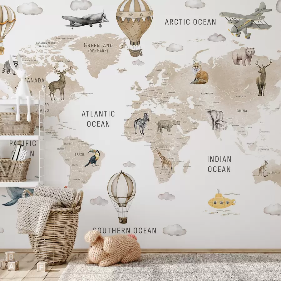 Fototapeedid Laste kaart akvarellstiilis loomade ja kuumaõhupallidega. Inglise keeles. Beež värv. c00001env2