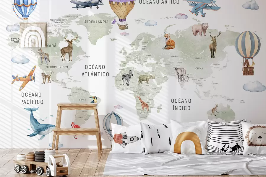 Fototapeedid Laste kaart akvarellstiilis loomade ja kuumaõhupallidega. Hispaania keeles. Roheline värv. c00001es