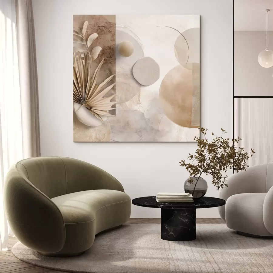 Pilt Kuivatatud palmilehed ja 3D-ringid beežides toonides s46310