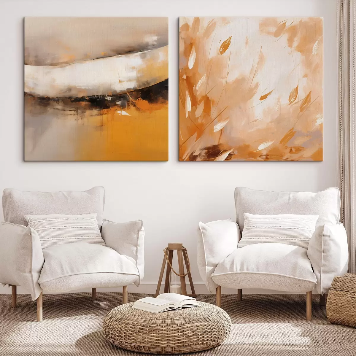 Pilt Abstraktne diptühhon õlimaalistiilis kollase-oranži ja musta toonidega m00897