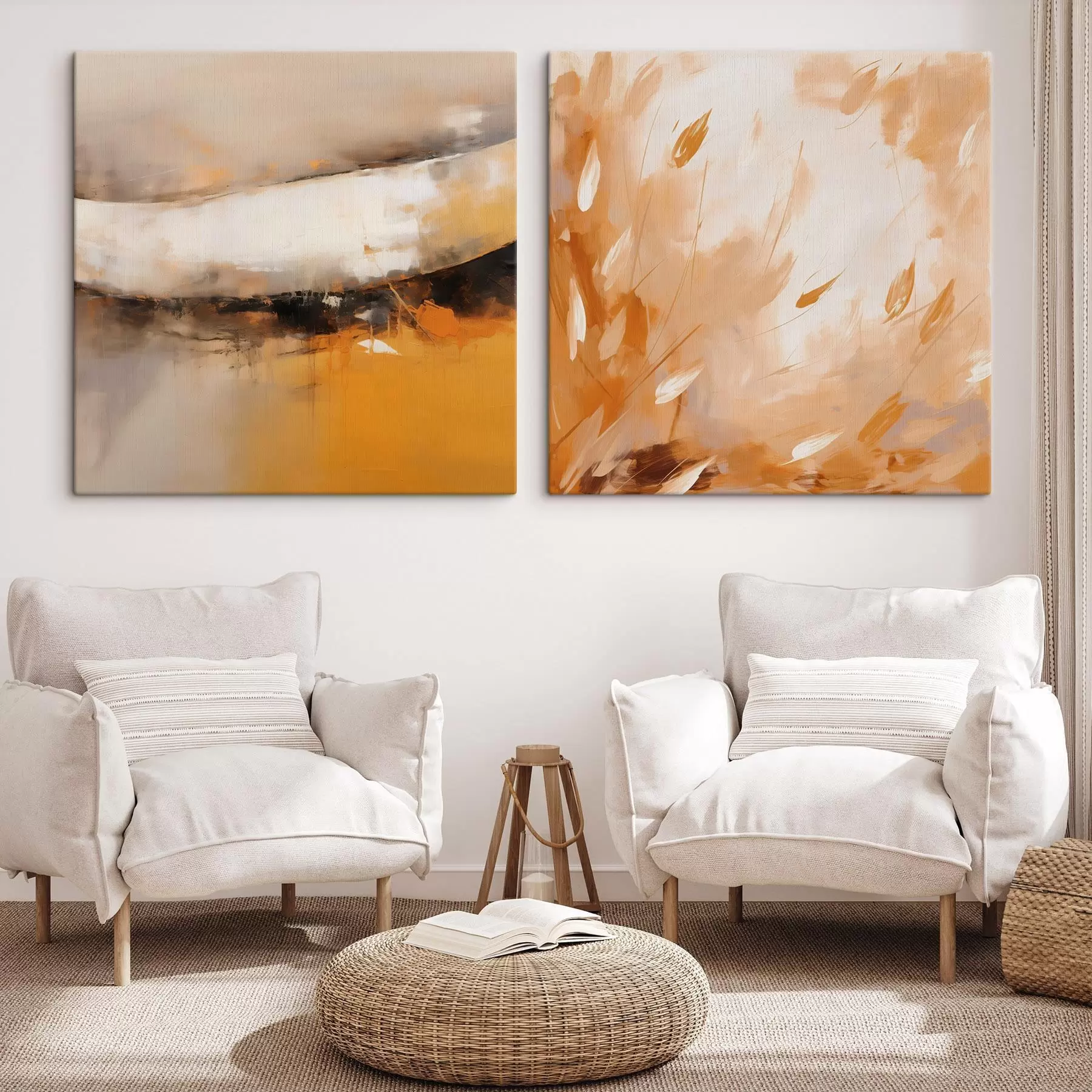 Pilt Abstraktne diptühhon õlimaalistiilis kollase-oranži ja musta toonidega m00897