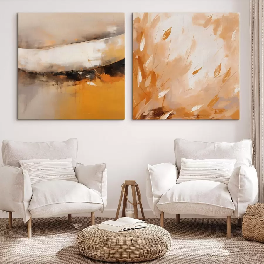 Pilt Abstraktne diptühhon õlimaalistiilis kollase-oranži ja musta toonidega m00897