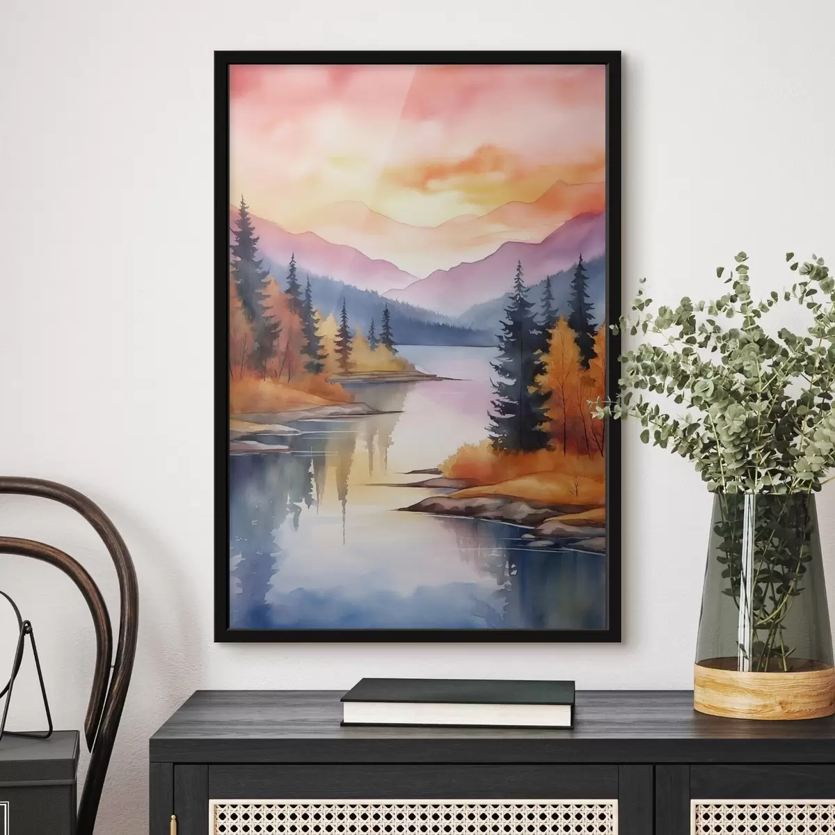 Plakat Sügisene maastik järve ääres heleda taevaga f46155