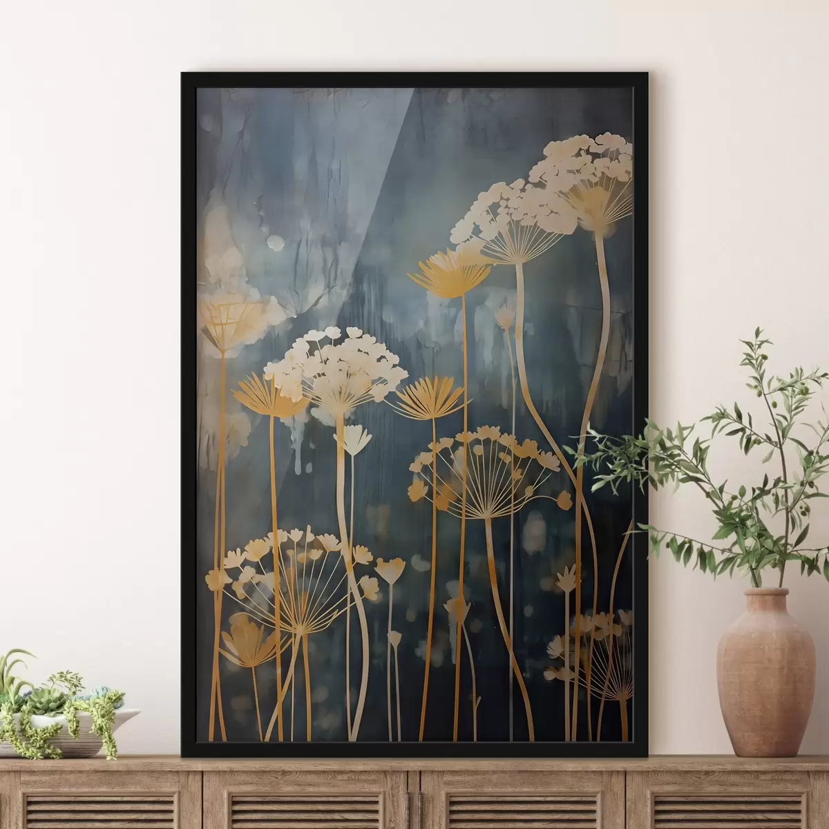 Plakat Stiilse kujundusega õied õhukeste vartega tumedal taustal f46188