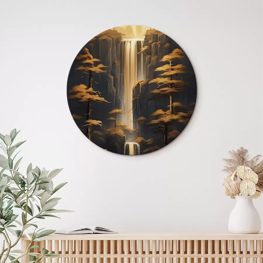 Pilt Kõrged kaljud koos kosega ja männid õhtuses valguses r46151