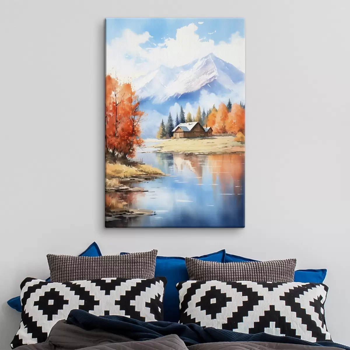 Pilt Sügisene maastik järve ääres koos majaga ja mägedega s46184